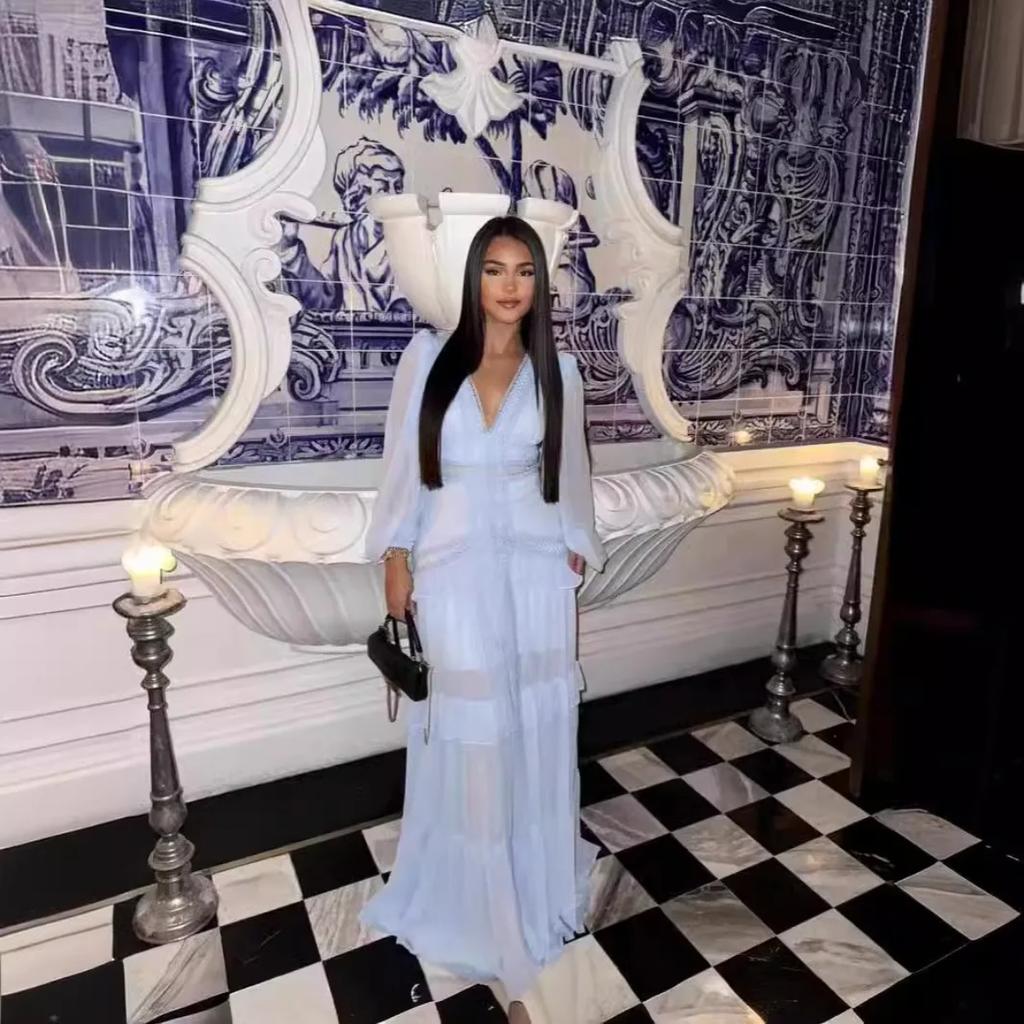 LYRIA Women Elegant Layered Ruffles Patchwork Long Dress Chic V Neck Puff Full Sleeves Split Maxi Dresses Fashion Lady Party Robes