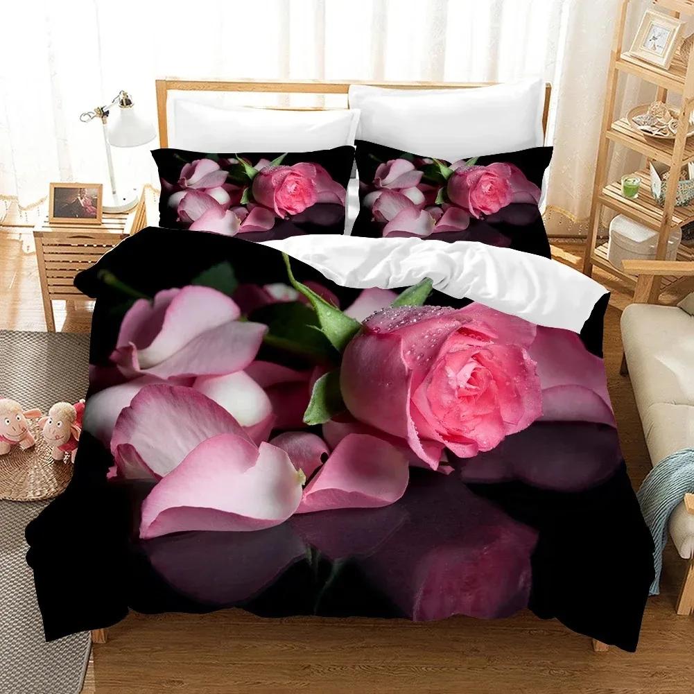 Comforter 3D Rose Flower Queen King Double Bedding Set 3Pcs With Zipper Closure King Size Polyester