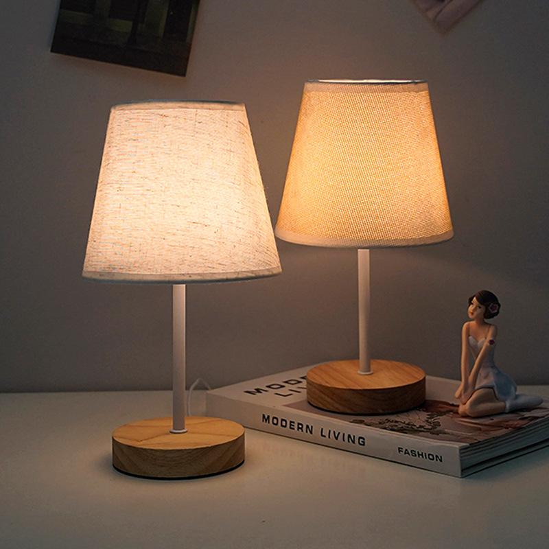 LED Desk Lamp Solid Wood Fabric Lampshade Bedroom Bedside Night Light Study Living Room Desktop Atmosphere Decoration Creative