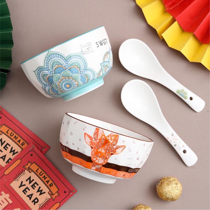Chinese Style Printed Ceramic Bowl & Spoon Set
