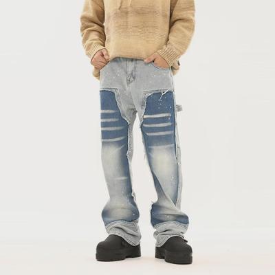 2024 Men's Trendy American High Street Washed Ink Destroyed Two-Color Stitching Loose Straight Jeans