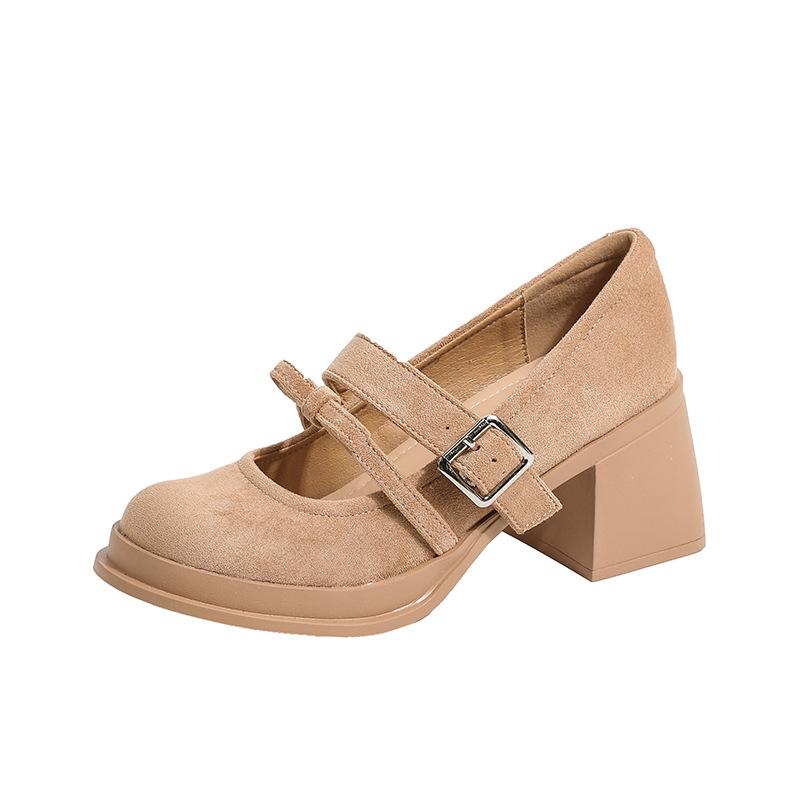 Suede high-heeled Mary Jane shoes women's retro bow high-heeled shoes round head shallow mouth one-word buckle belt thick-heeled single shoes women