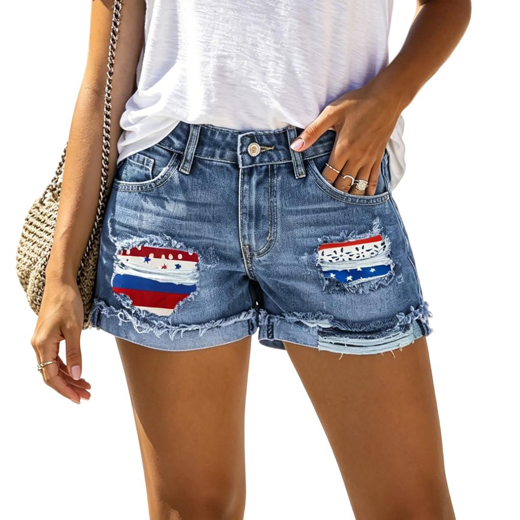 Denim Distressed Shorts with Frayed Hem and Patch Detail Casual Mid Rise Jean Shorts for Women Summer Wear