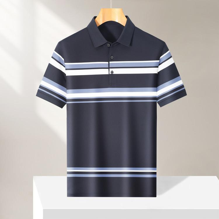 Summer Classic Striped Business Casual Silk Slippery Cool Drop Short Sleeve Polo Shirt with Mulberry Silk