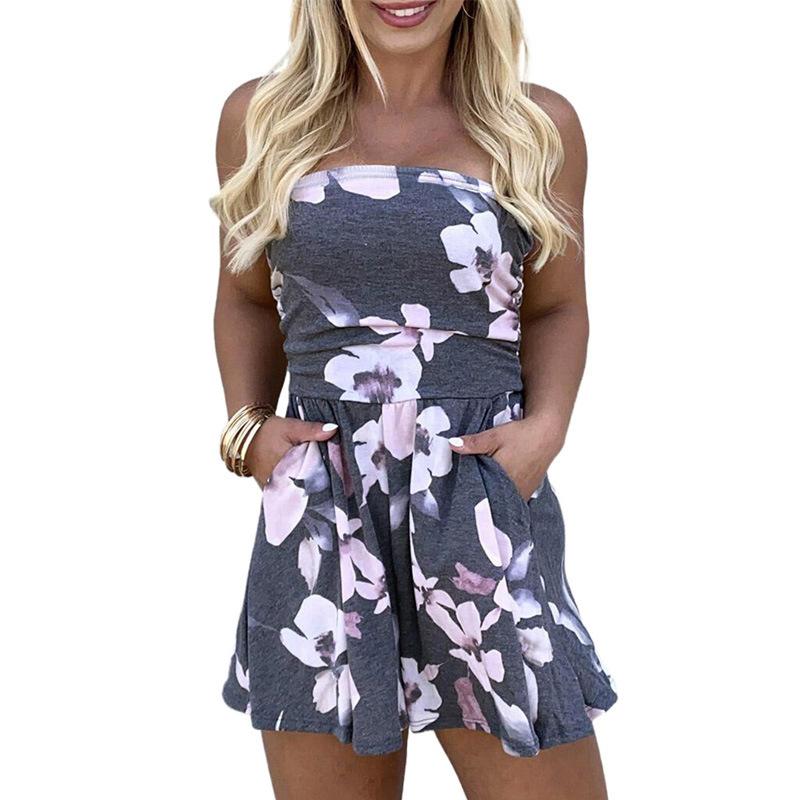 Women's Strapless Tube Top Elastic Waist Abstract Print Short Romper Casual Pocket Jumpsuit