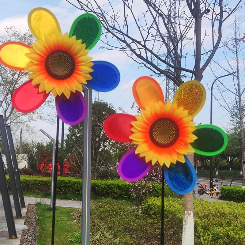 Wind Spinners Outdoor Sunflower Reflective Pinwheel Colorful Rainbow Decor Bird Scare Device for Farm Lawn House Orchard Pool