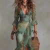 Women's V Neck Three Quarter Sleeve Floral Print Maxi Dress Slim Fit High Waist Ruffled Hem Party Dress