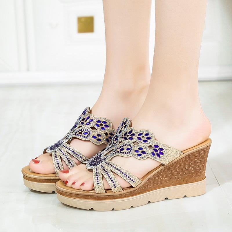 Women's Rhinestone Cut-out Wedge Sandals Open Toe Non-slip Slides Shoes Lightweight Outdoor Slippers