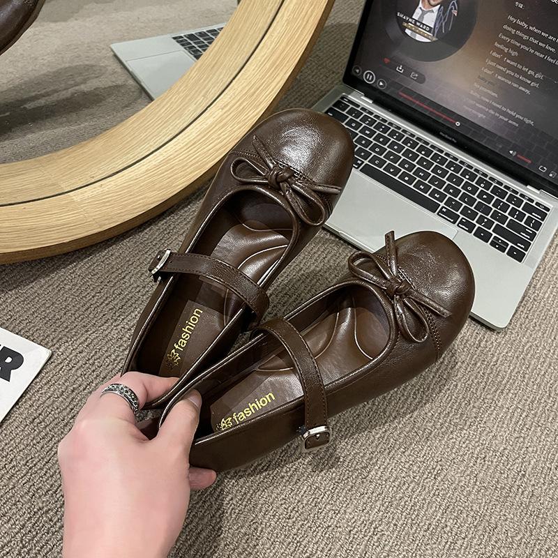 2025 nye milde og søte Mary Jane-sko med lav hæl, fransk sløyfe, en-ords spennebånd, ballett-enkelsko dame
