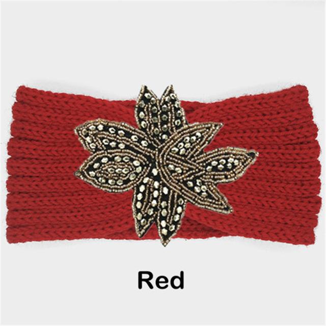 Crystal Beaded Flower Knit Headband For Women Winter Wool Ear Warmer Hairband Turban Headwrap Hair Accessories Bandeau