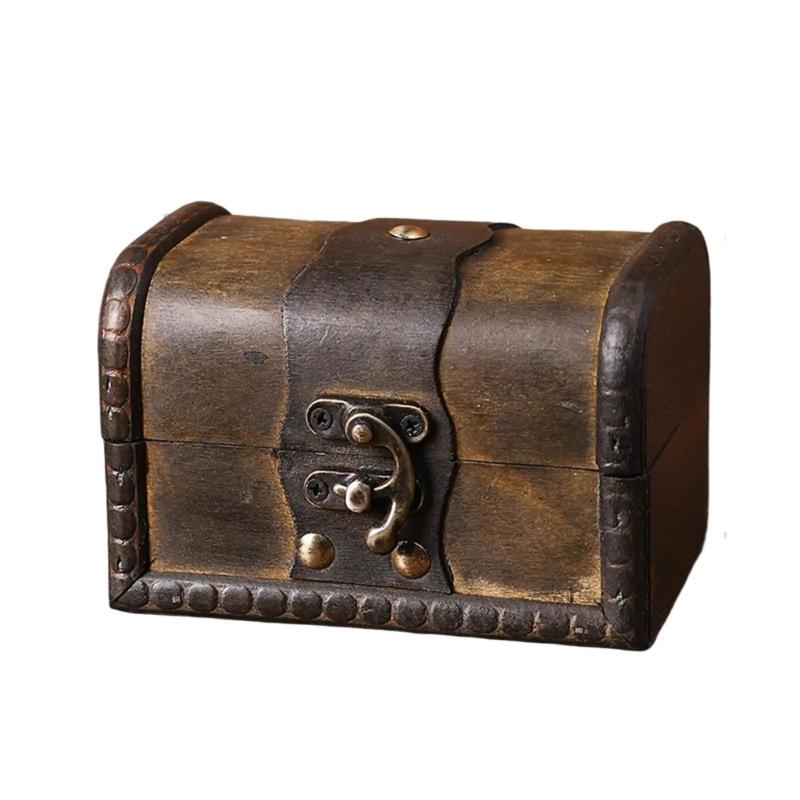 Vintage Wooden Treasure Chests Lockable Jewelry Storage Box Antique Style Decorative Organizers for Home Bedroom Decors