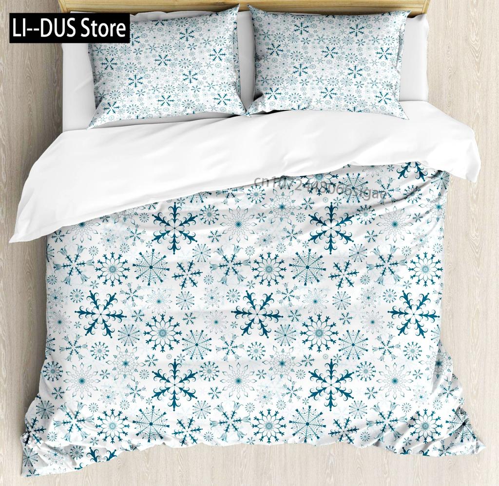 Winter Duvet Cover Set Various Different Snowflakes Decor 3 Piece Bedding Set with 2 Pillow Shams Full King Queen Twin Size