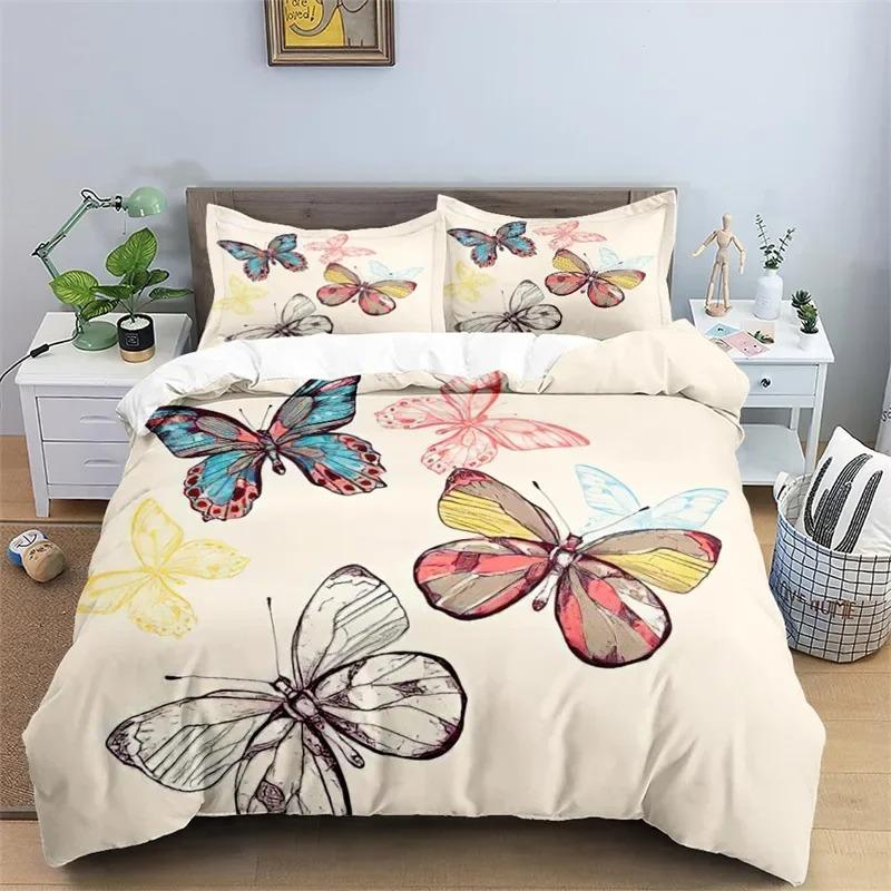 Soft Butterfly Floral Duvet Cover Queen Size For Adults Kids Girls Teens Bedroom Decor Flowers 3D Print Bedding Set Pillowcases