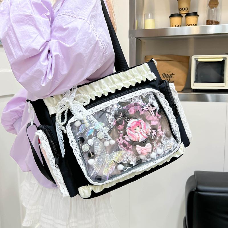 Y2k Itabag Lolita Girl Transparent Pocket Display Handbag Japanese Tote Bag Preppy Style Commuter ShoulderBag Lace Crossbody Bag