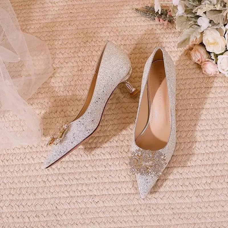 Fashion Bride Wedding Shoe Pointed Toe Shoes for Women Low Heel Elegant Woman Pumps Stilito Fashion Slip on Non Spring Beau Today Dress