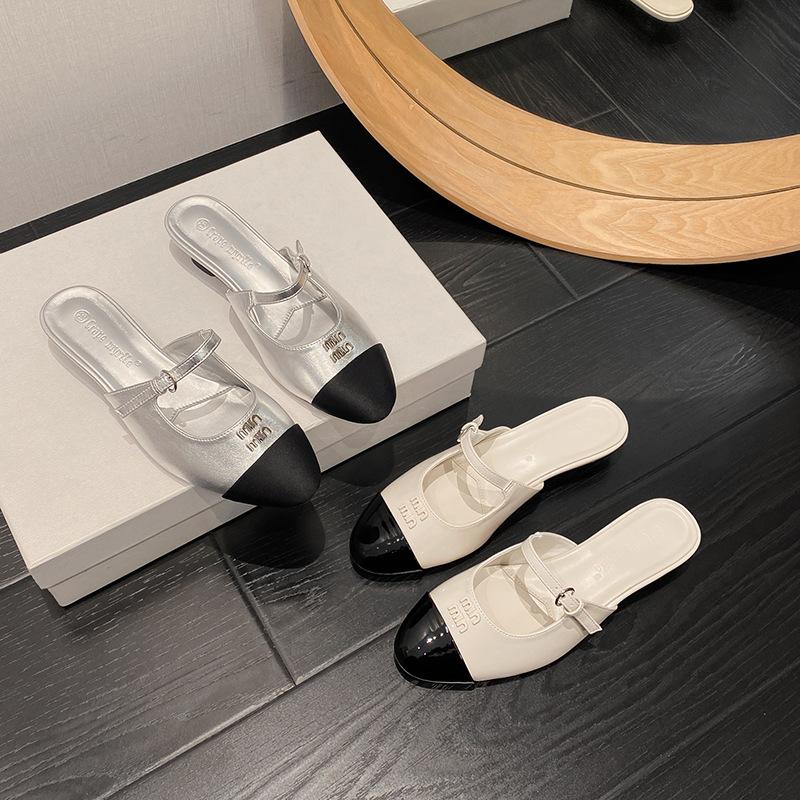 Amiu's bag head half tray wears low heels, spring and summer 2025 new light mouth color matching French Mary Jane single shoes