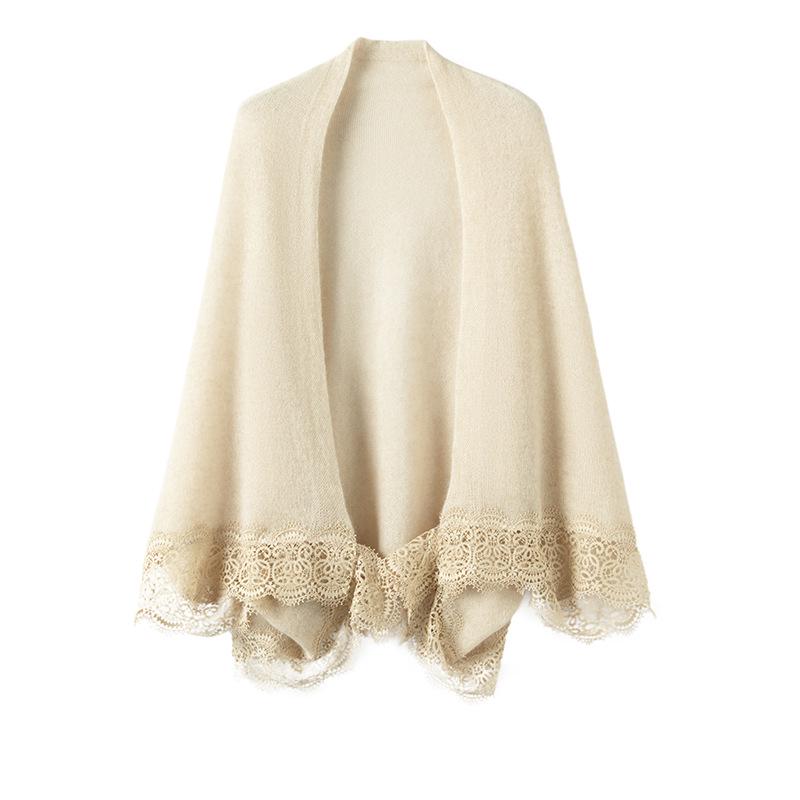 Women s 100% Pure Cashmere Lace Trim Shawl - Autumn/Winter Knit Cape