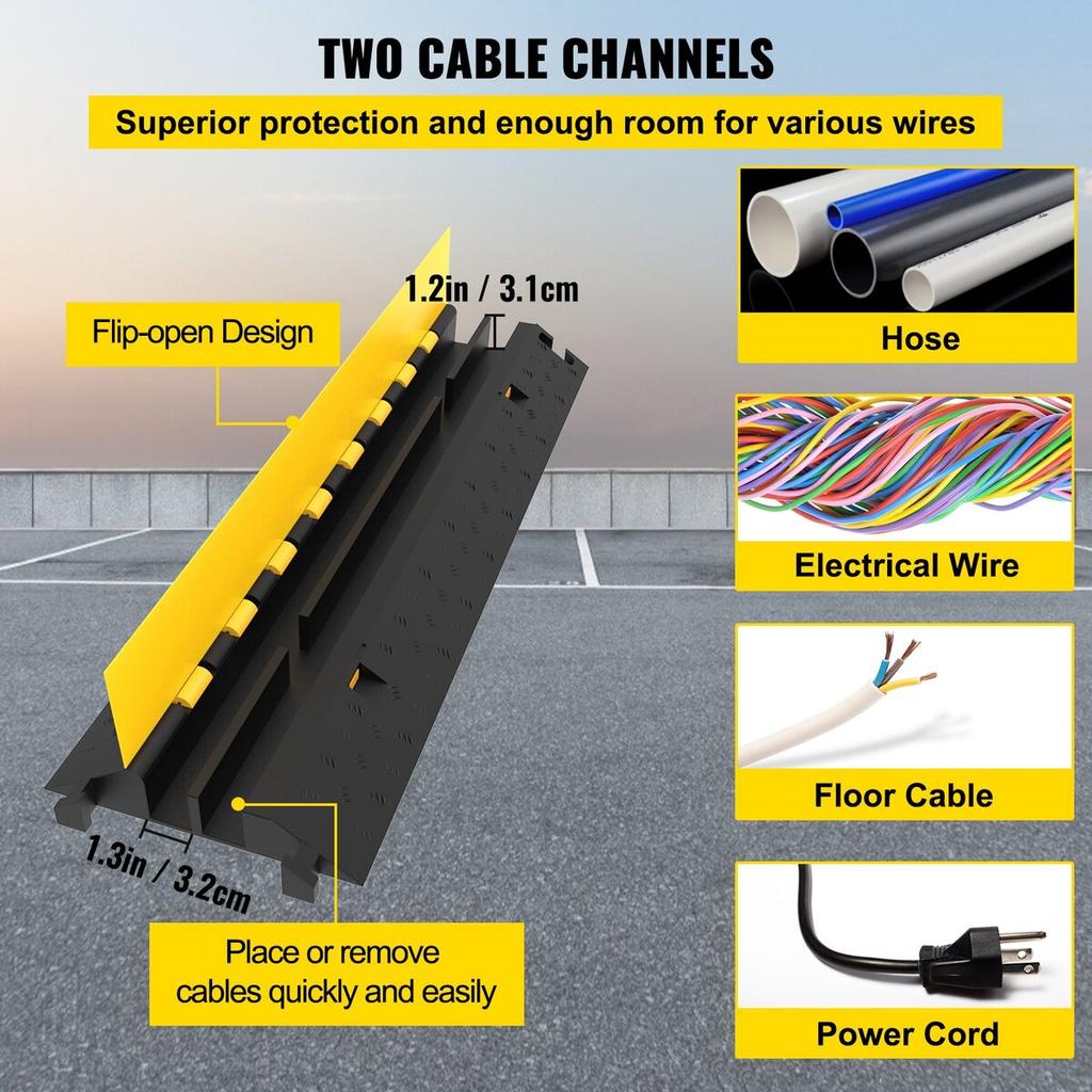 4 Pack Rubber Cable Protector Ramp 2 Channel Heavy Duty 66000lbs Load Capacity Cable Wire Cord Cover Ramp Speed Bump Driveway Hose Cable Ramp