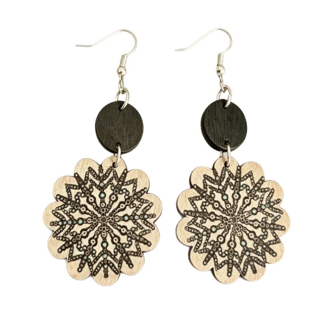 Cross Retro Bohemian Ethnic Print Patchwork Round Wooden Earrings