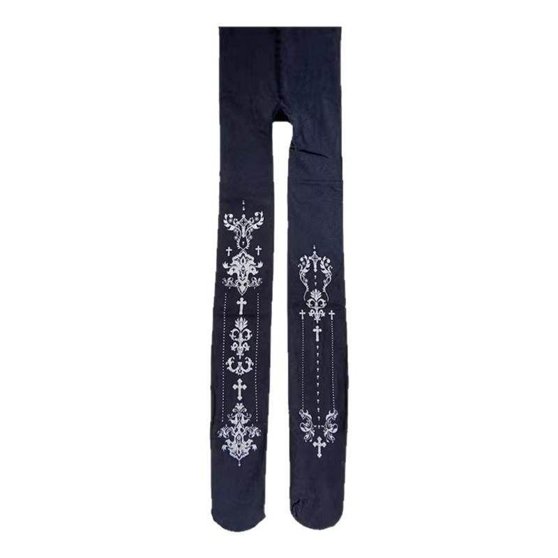 Women's Japanese Gothic Grunge Pantyhose Stockings Harajuku Aesthetic Crosses Print Opaque Tights Leggings Hosiery
