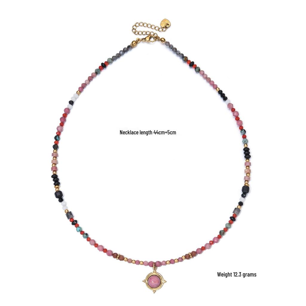 Elegant Bohemian Red Veined Stone Beaded Necklace with High-End Stainless Steel Clavicle Chain for Women