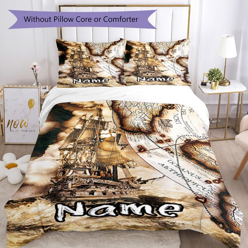 Vintage Sailboat Customize Your Name Bedding Set Breathable Duvet Cover With Pillowcases Decorative Bed Linen For Bedroom Home Decoration Birthday Gif