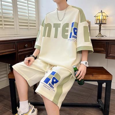 Summer Thin Waffle Men's Casual Sports Suit Plus Size Loose Five-point Sleeve Two-piece Suit