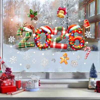 Adesivi Natalizi in Vetro Stampella Pupazzo di Neve Albero Caramella Cappello Campana Design PVC Impermeabile Decalcomanie per Finestra Porta Specchio