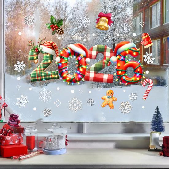 Weihnachtsglasaufkleber Krücke Schneemann Baum Süßigkeiten Hut Glocke Design Wasserdicht PVC Fenster Tür Spiegel Aufkleber