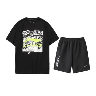 Li Ning Table Tennis Series Printed Trendy Loose Short Sleeve Fashion Comfortable Breathable Shorts Casual Sports Suit AHSUA21-2+AKSU747-1
