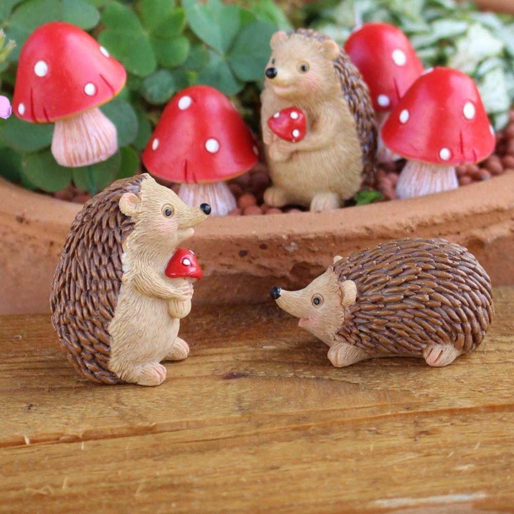 7pcs Resin Hedgehog Mushroom Statue Cartoon Garden Miniatures Figurine Animal Sculpture  Courtyard