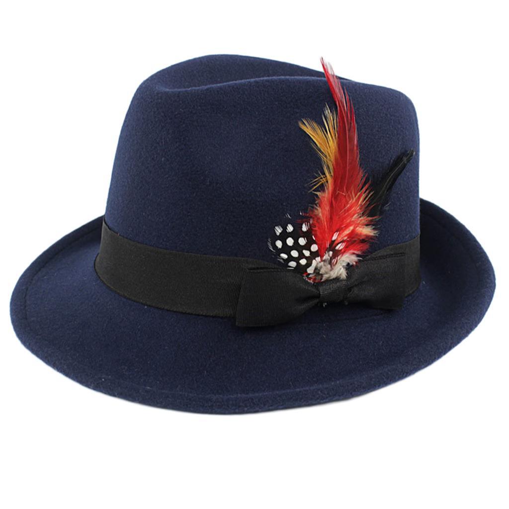 Navy Blue Mens Crushable Handmade Fedora Hat with Wool Felt Bowknot and 
