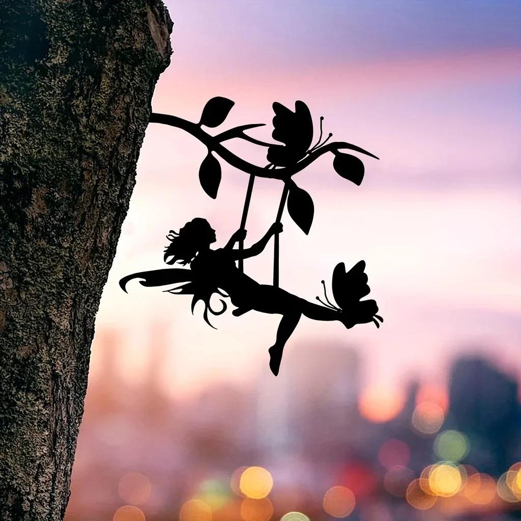 Swing Elf On Branch Steel Silhouette 1pc Metal Wall Art Home Garden Yard Patio Statue Stake Decoration or Garden Party Decor