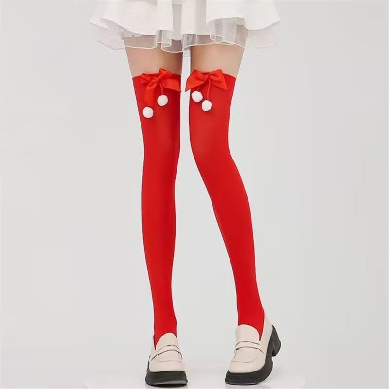 Christmas Thigh High Stockings Over the Knee Socks Halloween Cosplay Costumes for Womens Red Thigh High Socks with Bows