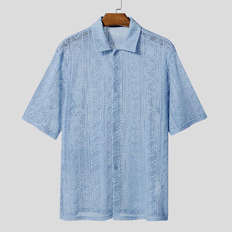 

INCERUN Мужские повседневные рубашки оверсайз с коротким рукавом, кружевные, с ажурным вязанием крючком 3XL