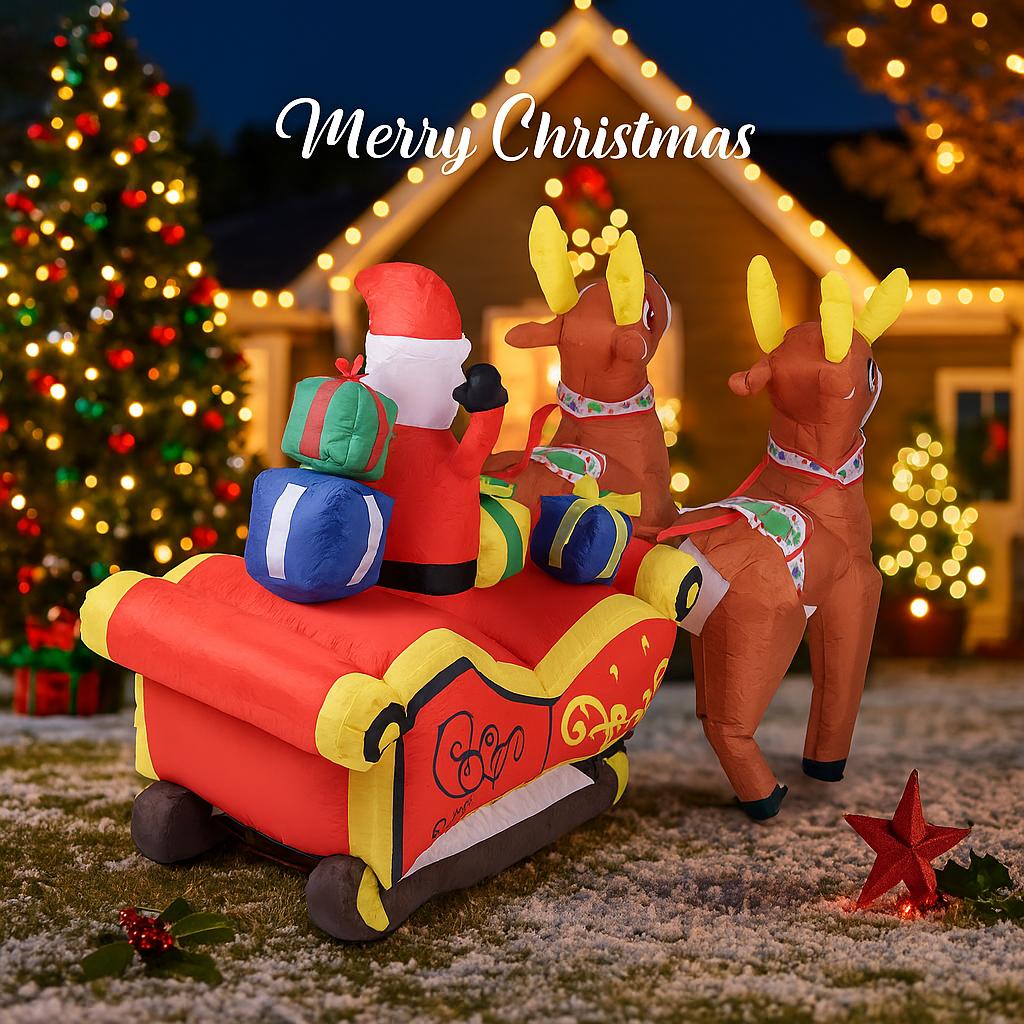 8.2FT Christmas Inflatable Toys Xmas Yard Lawn Party Decoration Santa Sleigh Reindeer Gift Bag Home Xmas Supplies Ornament LED