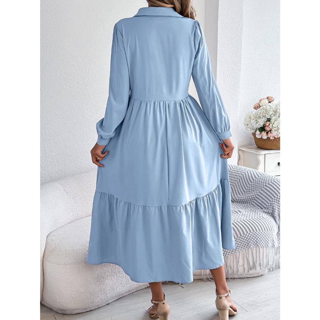GMXIA Autumn and Winter Lapel Casual Loose Long-sleeved Ruffled Shirt Dress for Women