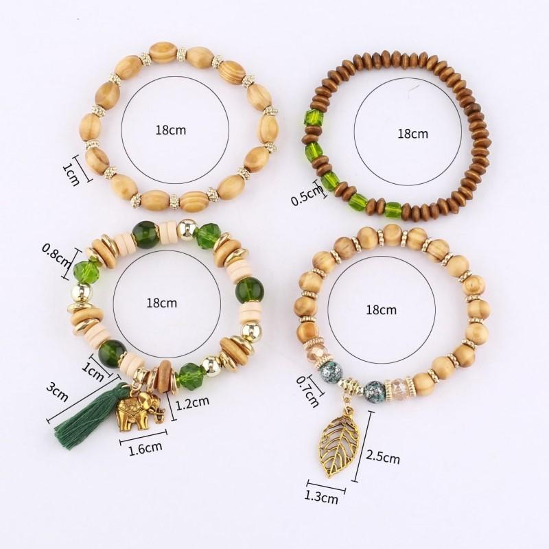 Wooden Tassel Bracelet For Men and Women 4PCS Retro Alloy Elephant Leaf Crystal Bracelet