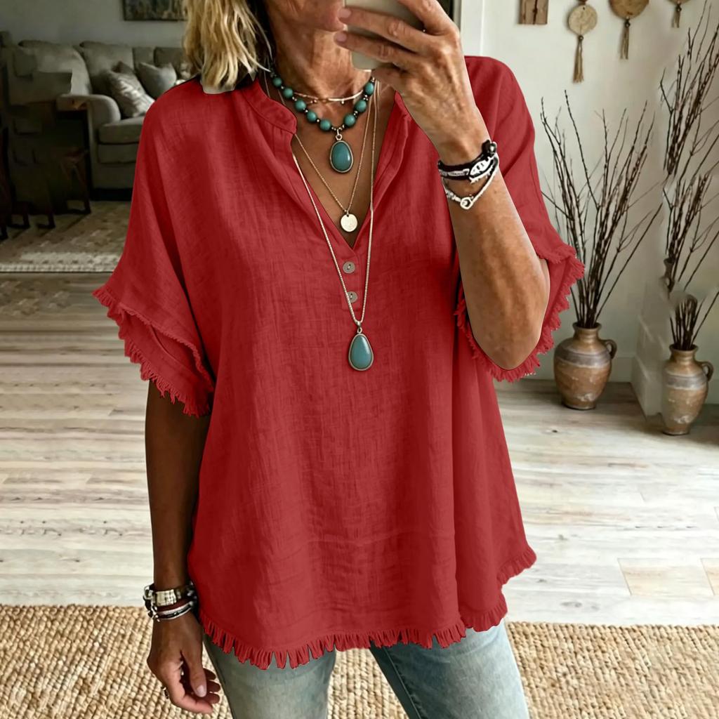 Women Casual V Neck Shirt Fringe Trim Short Sleeve Blouse Button Detail Loose Fit Top for Everyday Wear