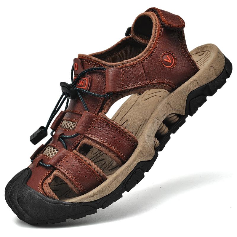 

Мужские сандалии трендовые 2025 новая летняя обувь для улицы нескользящая мягкая подошва кожаная сумка голова повседневные молодежные пляжные туфли 38