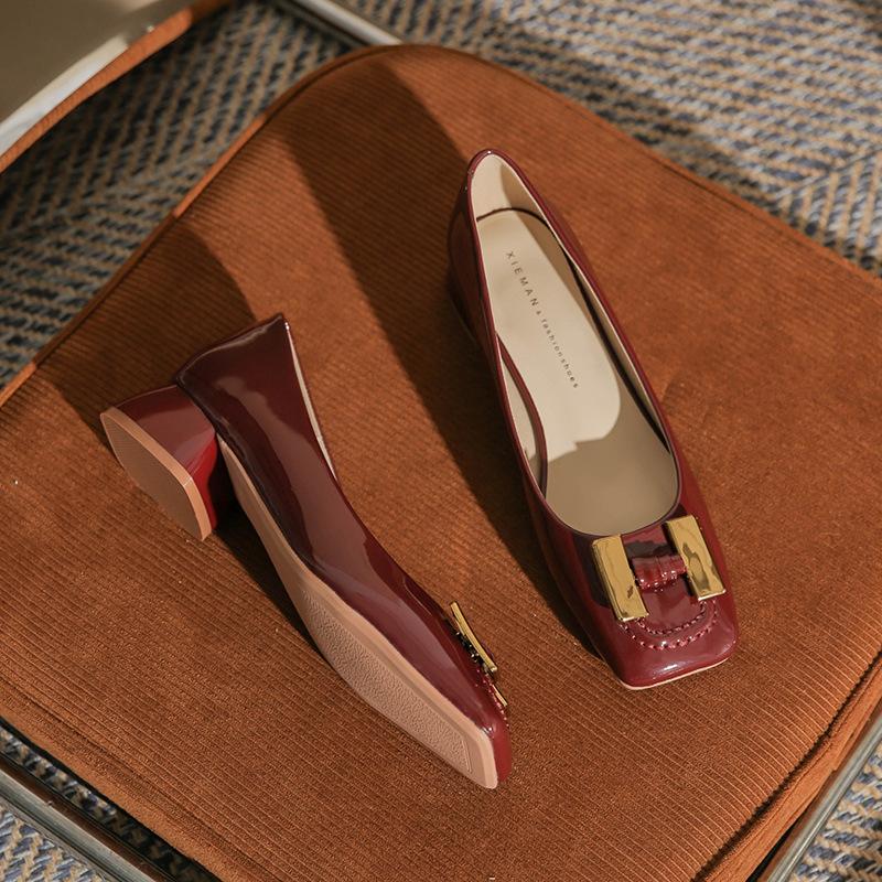 35503 Classic shallow mouth square head women's thick heel high heels metal buckle fashionable versatile and comfortable women's single shoes