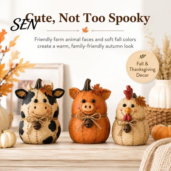 Decorative Animal Statues for Shelves Rustic Farmhouse Felt Ornaments, Cute Cow/Pumpkin/Rooster Figurines, Handmade Animals Vintage Country