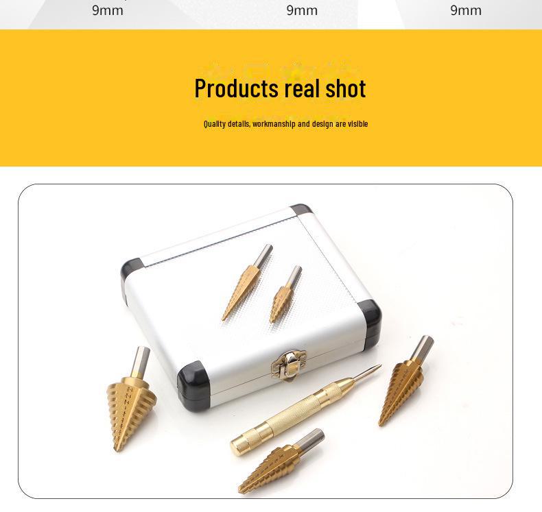 British 5-Piece Aluminum Step Drill Bit Set - Black & Yellow Multi-Function Pagoda Drill Tool