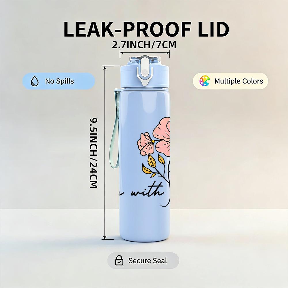 1PC Bloom With Grace Floral Graphic,750ml Color Plastic Sports Water Bottle,Leakproof Flip Straw Lid,Suitable for Sports Office Home Use
