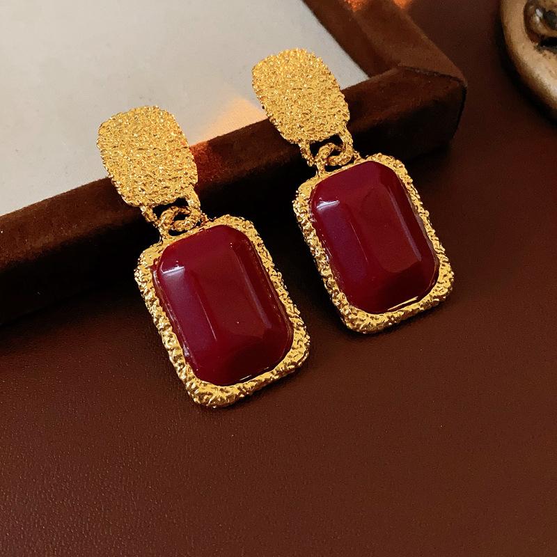 Boucles d'oreilles pour femmes en résine rouge vintage, boucles d'oreilles à clous, boucles d'oreilles ovales géométriques grandes de luxe, bijoux d'oreille pour fête, mariage