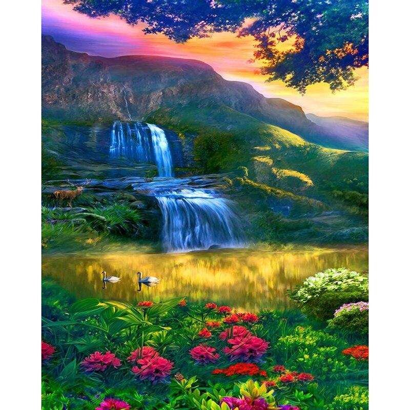 DIY 5D Diamond Painting Waterfall Scenery Cross Stitch Full Round Drill Landscape Diamond Embroidery Mosaic Home Decor