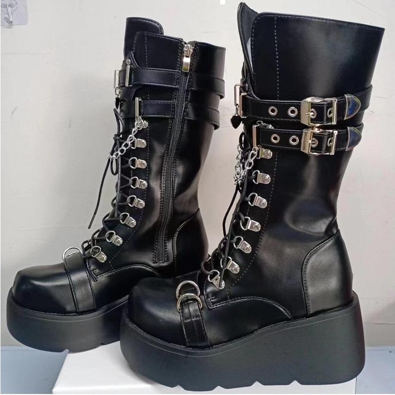 

Женская обувь Ботинки Платформа Готическая Лолита Пряжка на ремне До середины икры Кроссовки На шнуровке Высокий каблук Косплей Круглый носок Женские Предложение 35