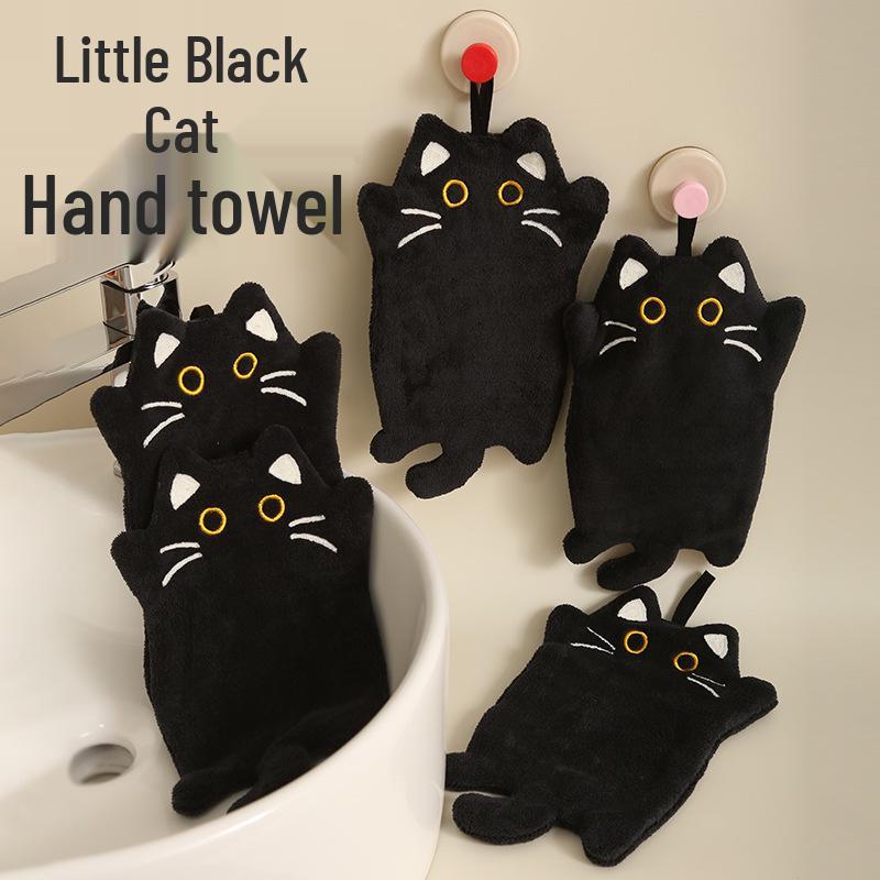 Adorable Black Cat Hanging Hand Towel & Thickened Heat-Resistant Cleaning Cloth
