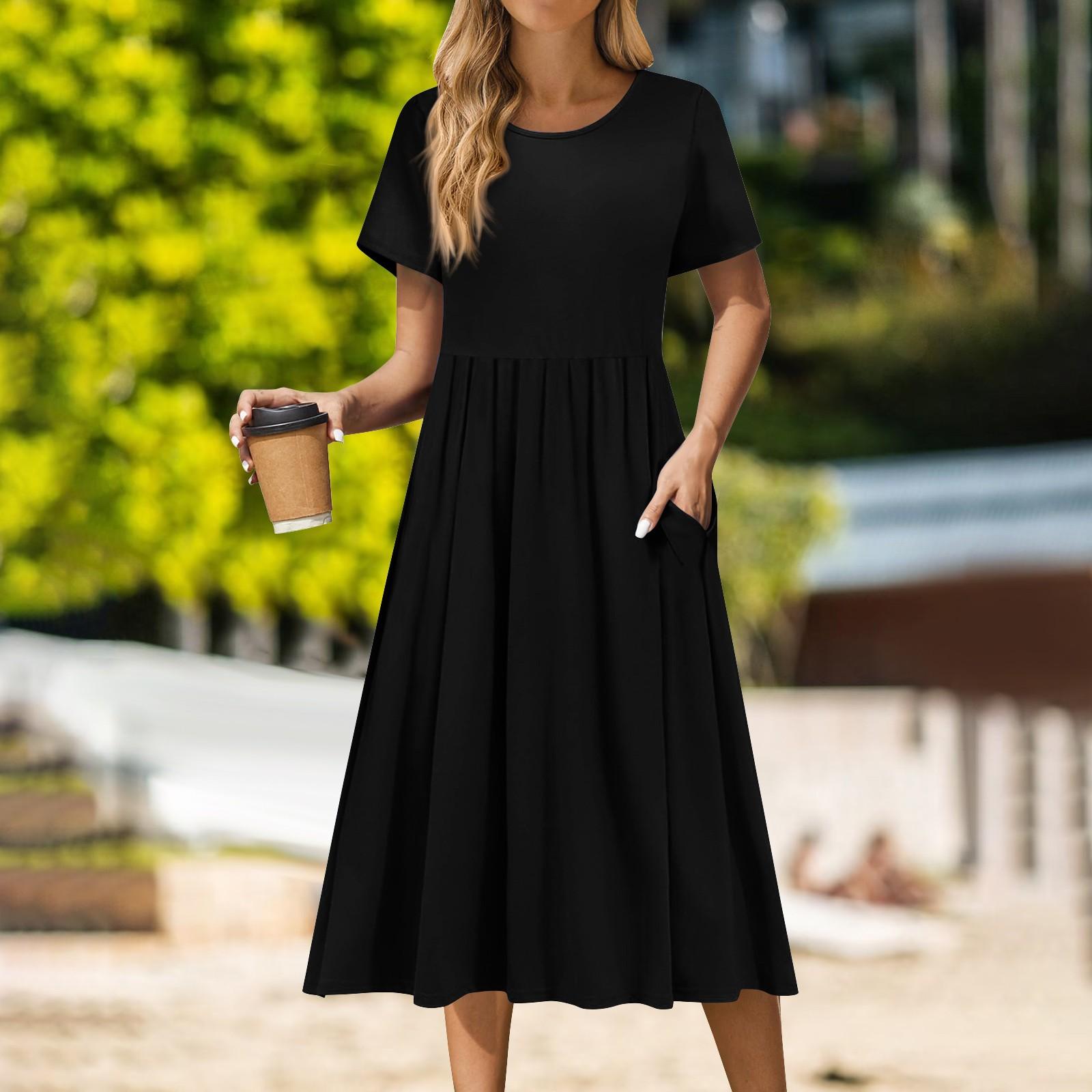 

Женское повседневное платье миди с круглым вырезом, классическое повседневное платье с коротким рукавом свободного кроя M чёрный