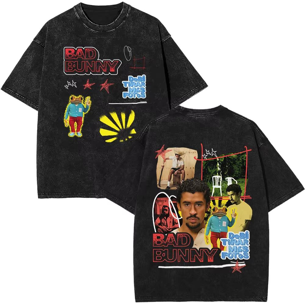 Rapper Bad Bunny Tour Debi Tirar Mas Fotos DTMF Merch Tshirts Men Fashion Summer Hip Hop Vintage Washed Tshirts Streetwear
